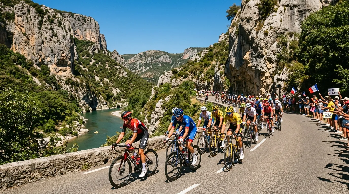 Peloton cycliste traversant une gorge rocheuse avec spectateurs