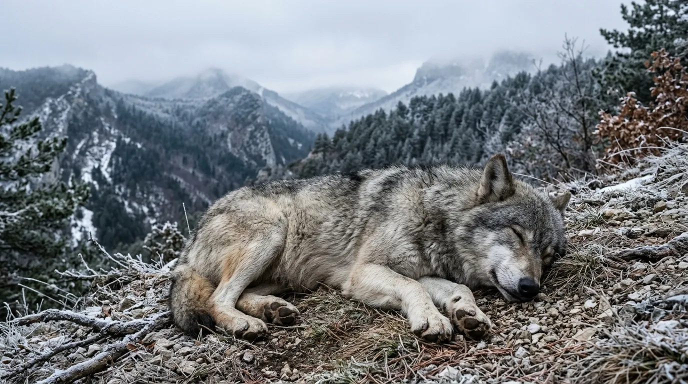Loup gris couché sur terrain rocheux montagneux enneigé