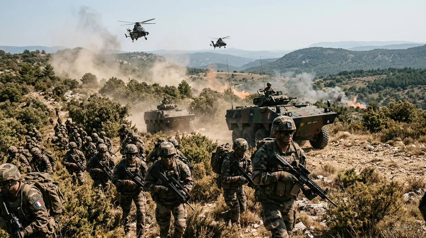 Soldats en formation avec hélicoptères et véhicules blindés