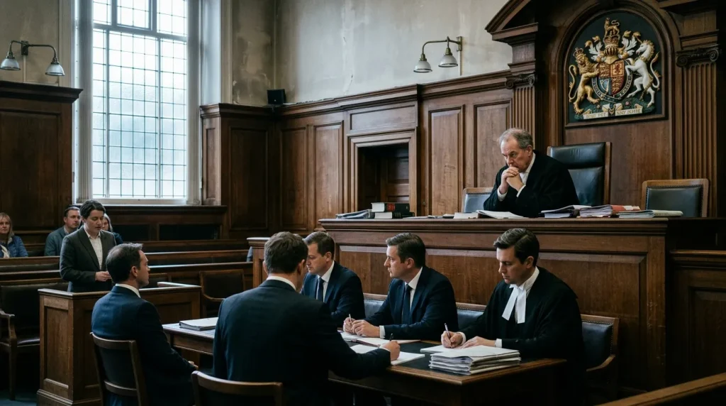 Juge et avocats en robe lors d'un procès judiciaire