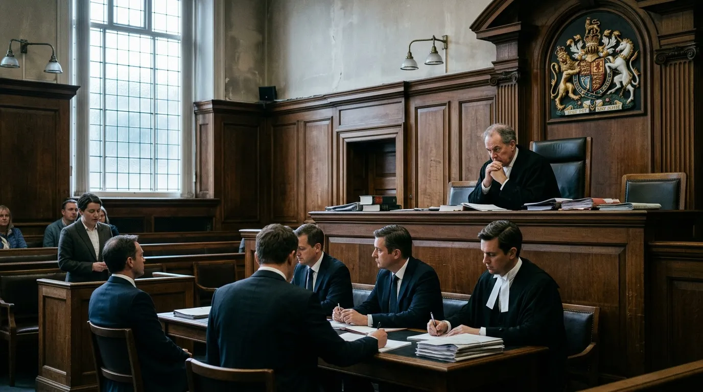 Juge et avocats en robe lors d'un procès judiciaire