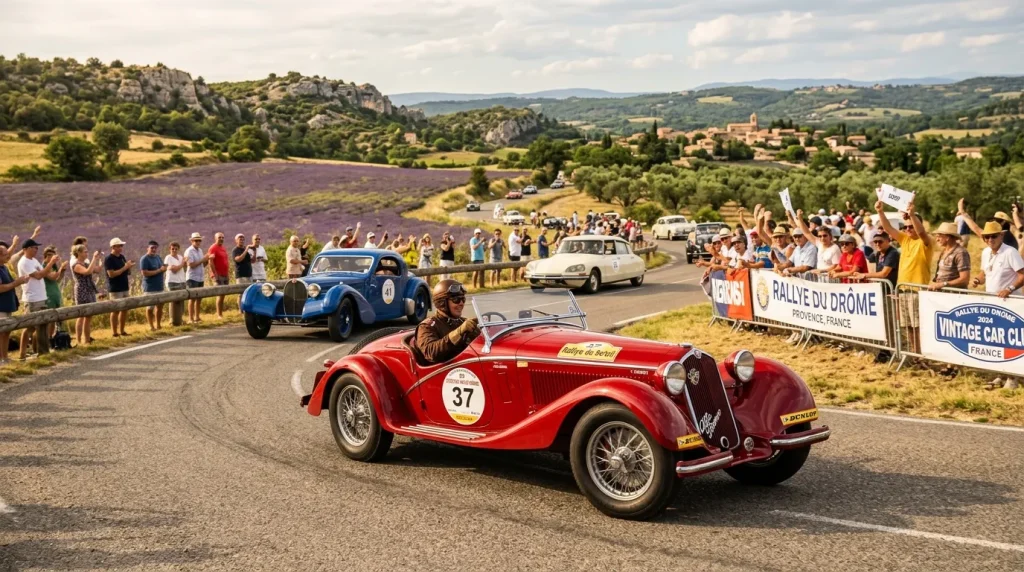 Voitures anciennes rouges et bleues sur route provençale avec spectateurs
