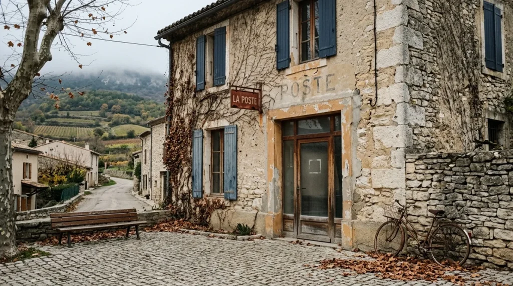 Ancien bâtiment postal en pierre, vélo, paysage rural automnal brumeux