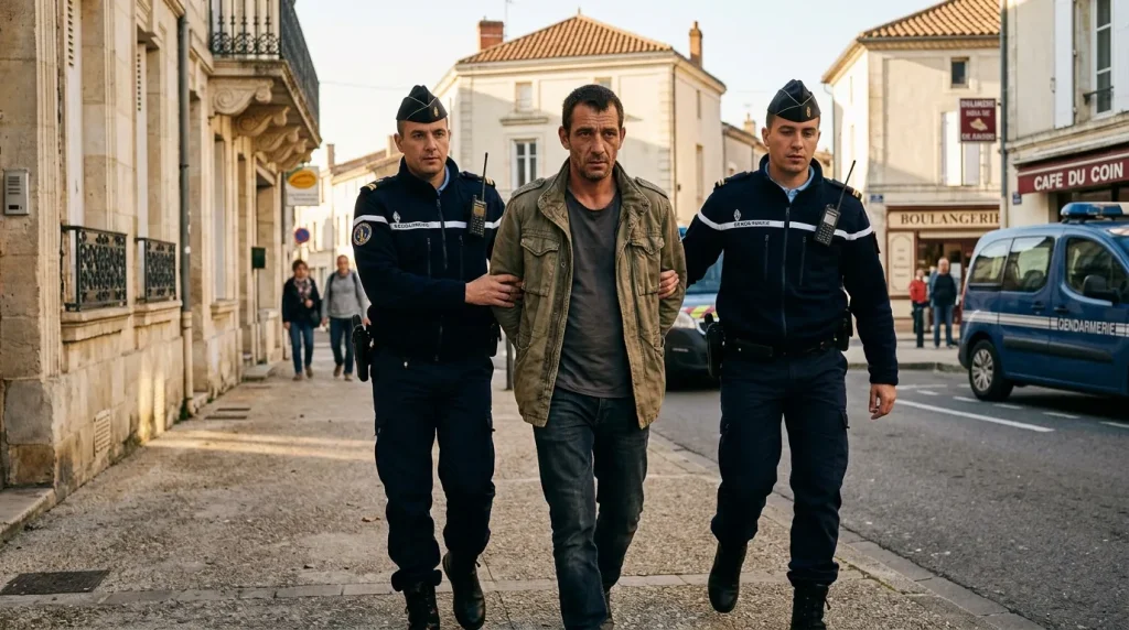 Deux gendarmes escortent un homme en ville