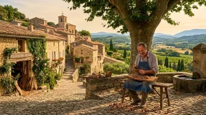 Homme sculptant du bois sous arbre, village medieval italien.