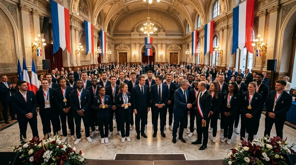 Athlètes médaillés et autorités dans un palais officiel français