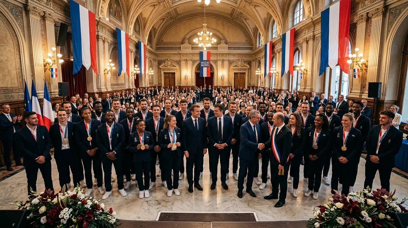 Athlètes médaillés et autorités dans un palais officiel français