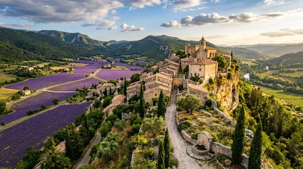 Château fortifié surplombant champs lavande violets montagneux