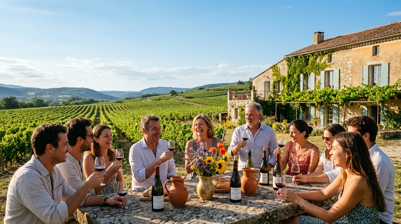 Groupe dégustant du vin devant vignobles et maison de pierre