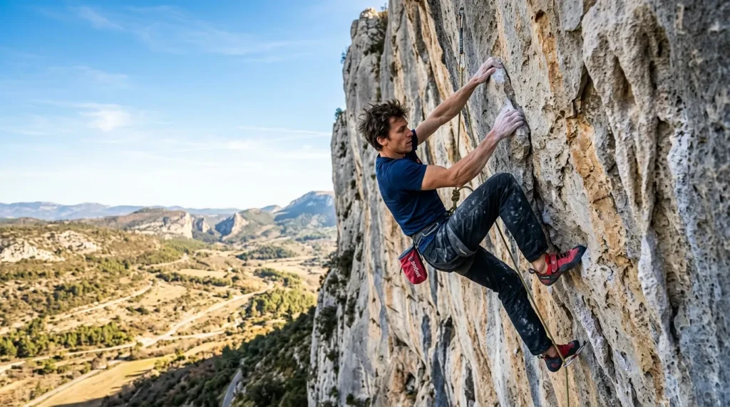 Grimpeur escaladant une paroi rocheuse vertigineuse en montagne