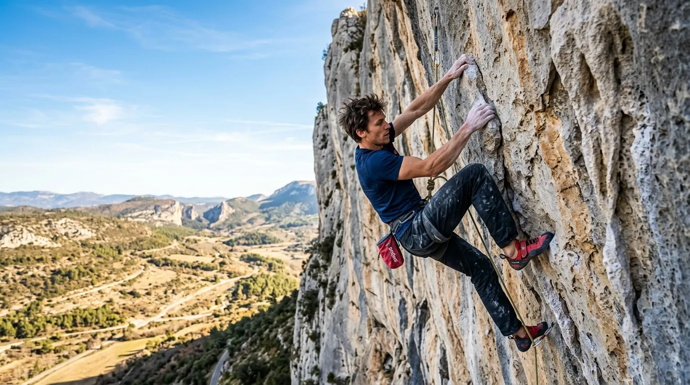 Grimpeur escaladant une paroi rocheuse vertigineuse en montagne