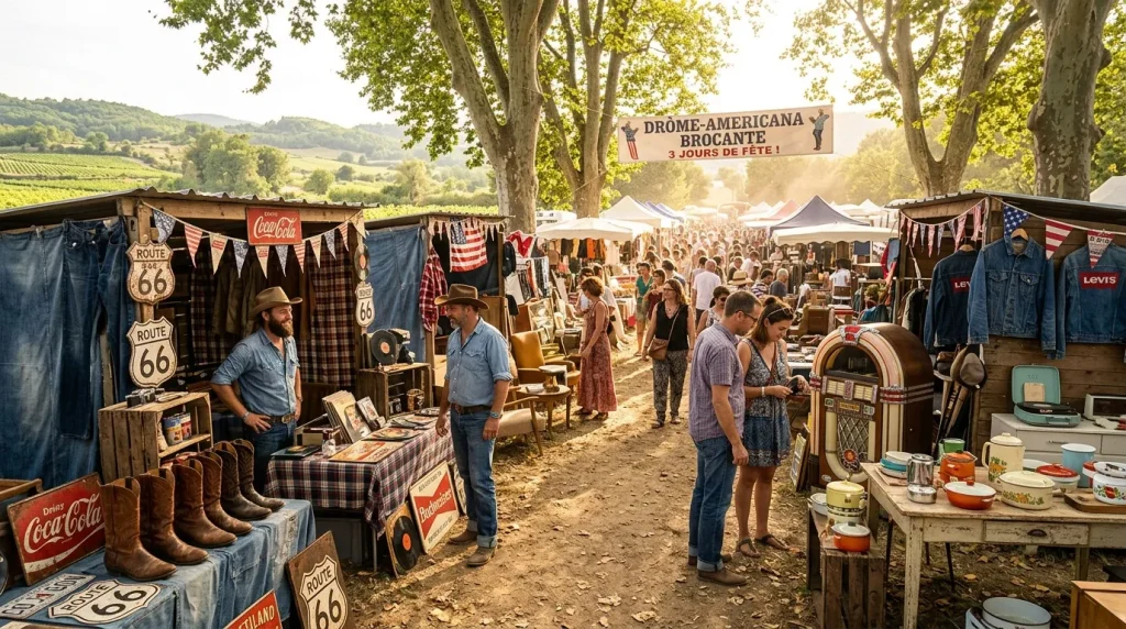 Marché vintage américain avec vendeurs en costume western et public.
