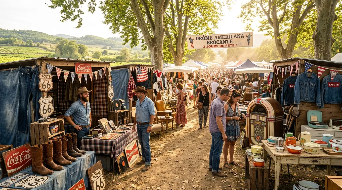 Marché vintage américain avec vendeurs en costume western et public.