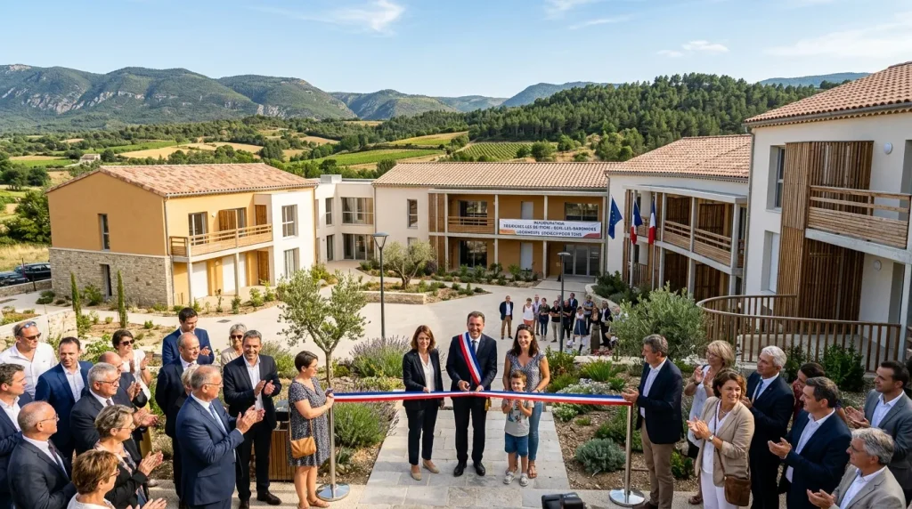 Cérémonie de ruban inaugural devant bâtiments modernes en montagne