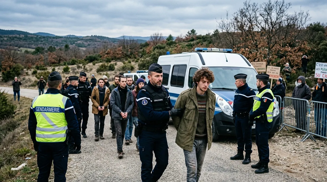 Gendarmes et civils sur une route de montagne