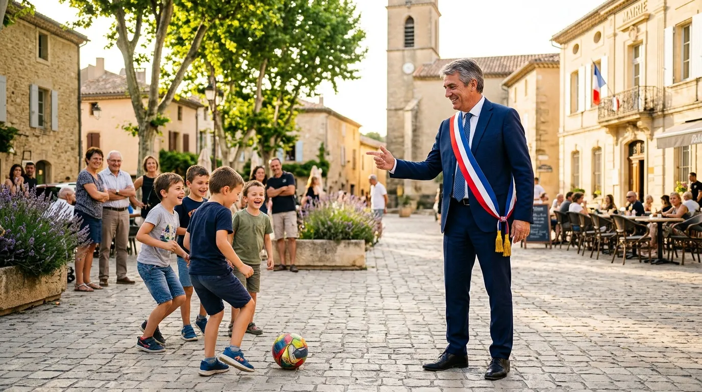 Un officiel en écharpe tricolore joue au ballon avec des enfants.