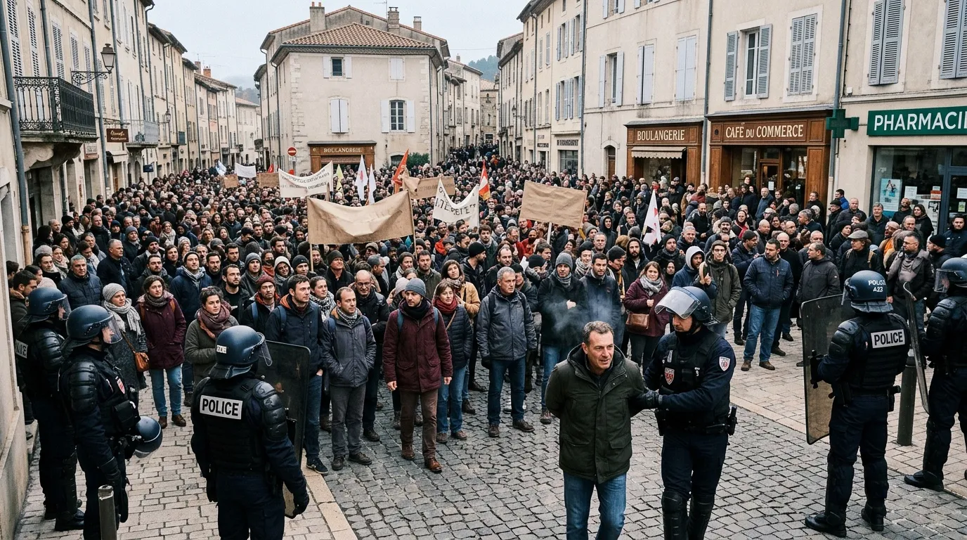 Grande foule de manifestants encadrée par la police dans une rue pavée