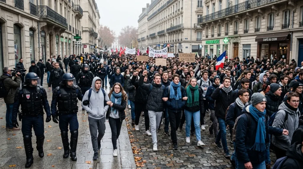 Cortège de manifestants et policiers dans une rue parisienne