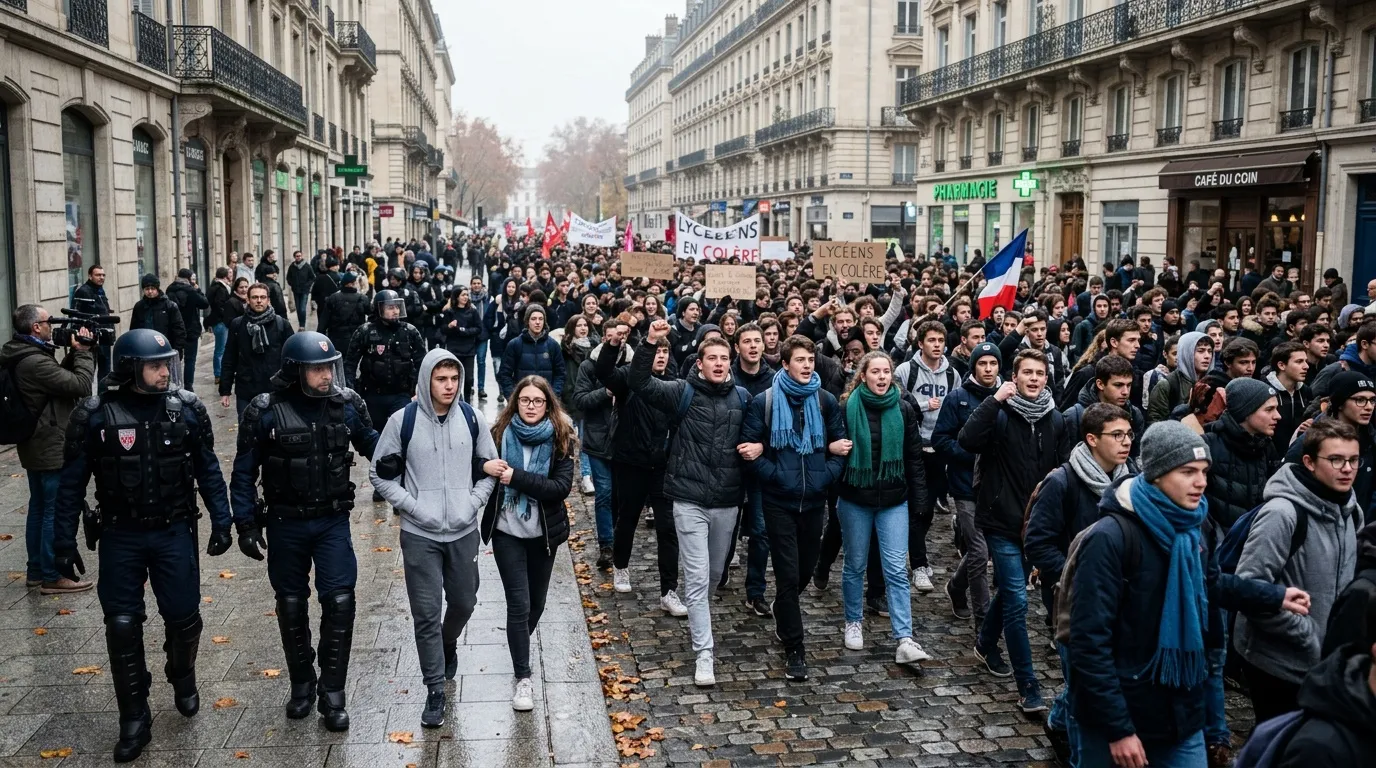 Cortège de manifestants et policiers dans une rue parisienne