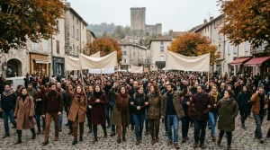 Foule de manifestants avec banderoles blanches en automne