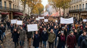 Foule de manifestants tenant des pancartes blanches dans rue parisienne