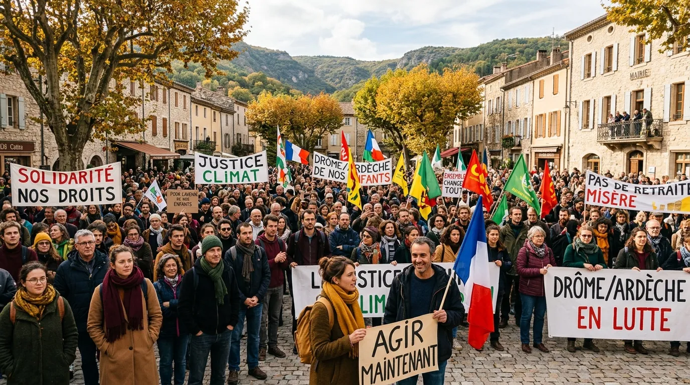 Foule de manifestants avec pancartes et drapeaux français en place publique
