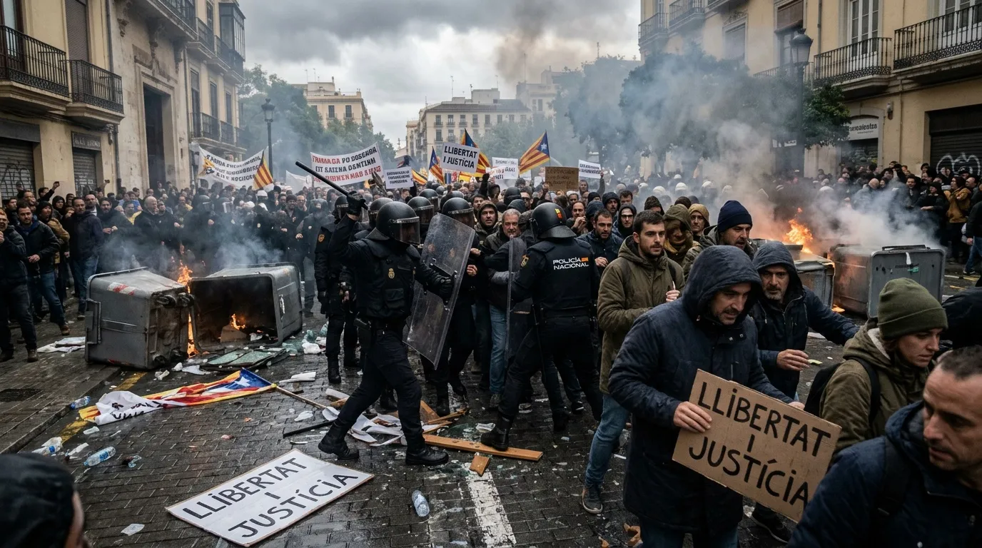 Protestation urbaine avec drapeaux, feu et policiers en tenue anti-émeute