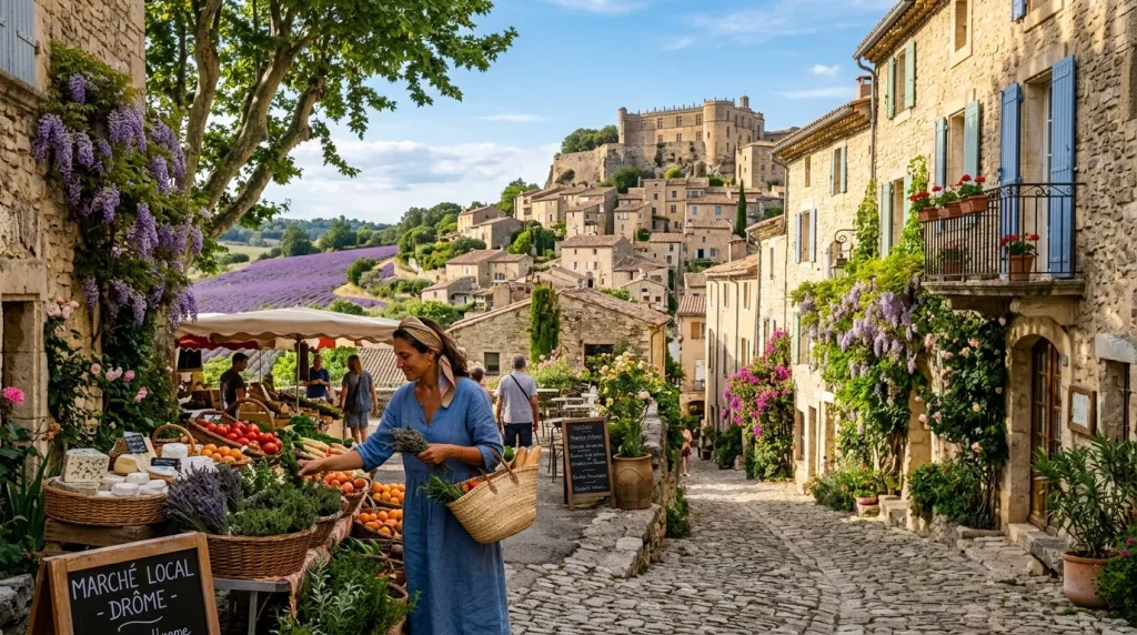 Femme au marché local avec lavande, village médiéval et champs lavande