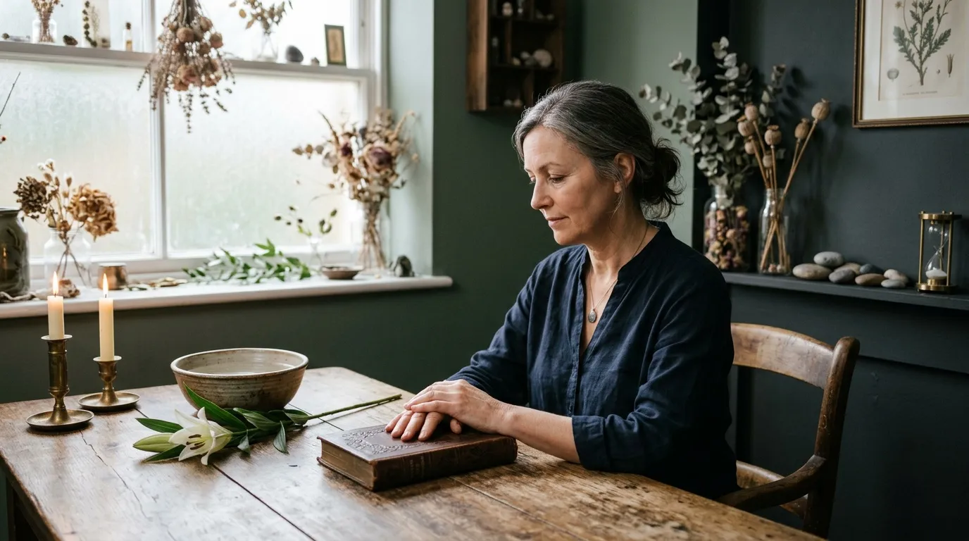 Femme méditant à une table avec fleurs séchées et bougies