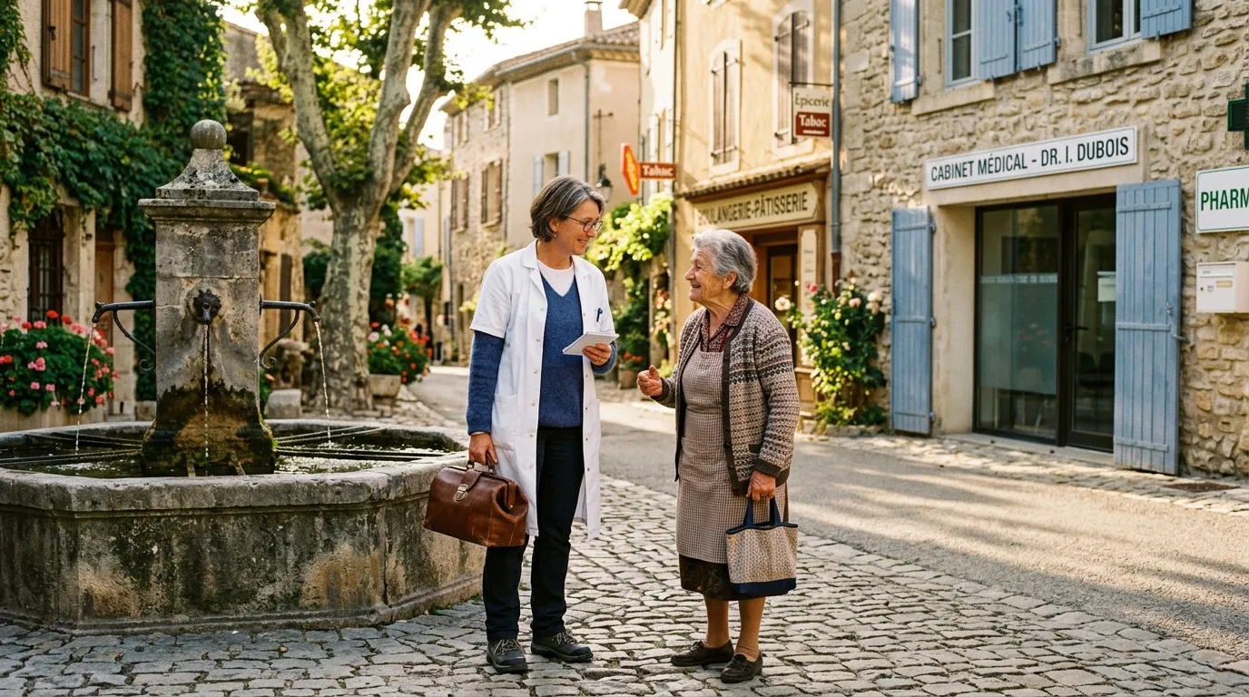 Médecin en blouse visite une patiente âgée dans une rue pavée